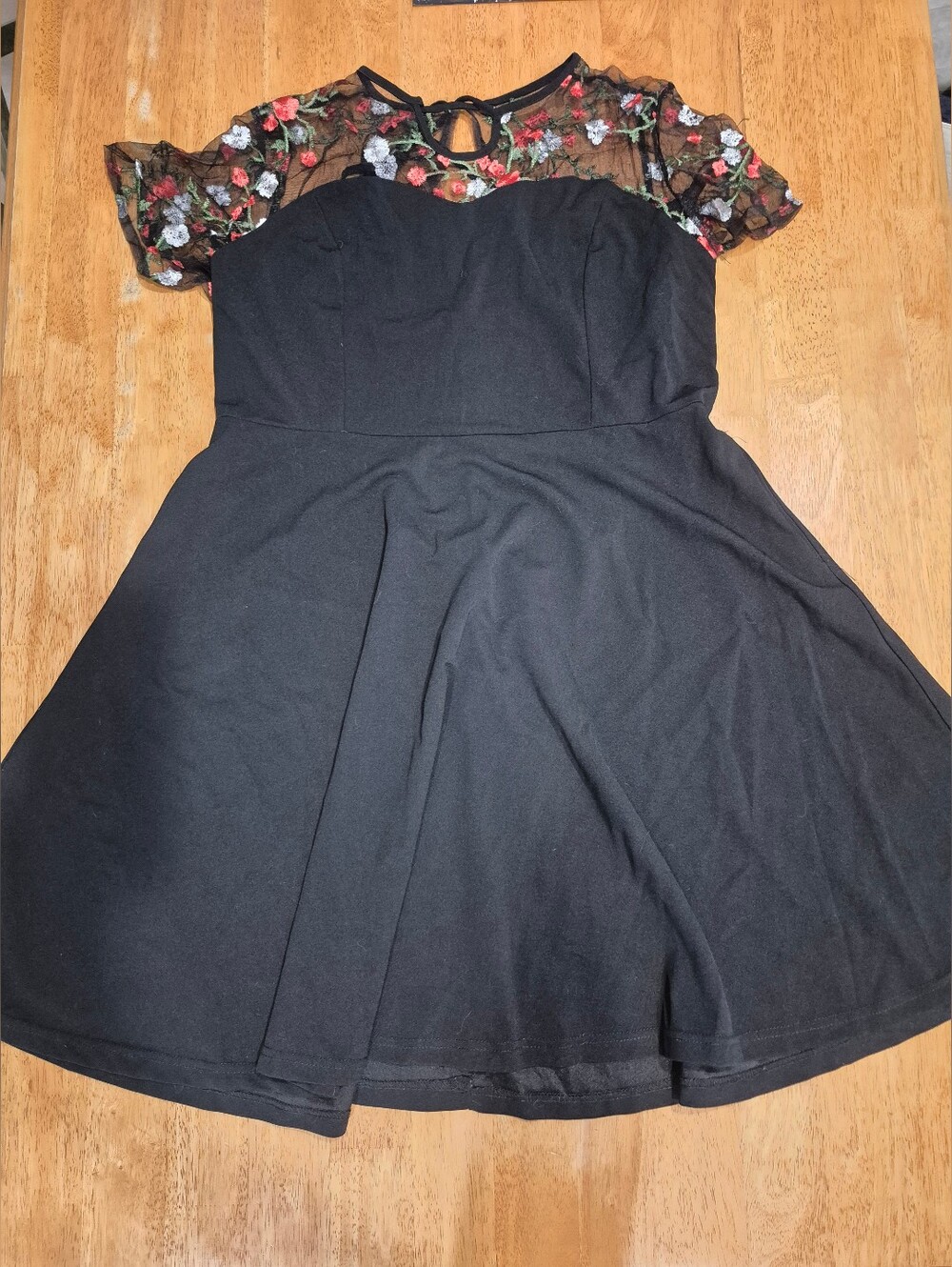 Plus Size Black Fit-and-Flare Dress with Floral Mesh Yoke